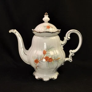 Hutschenreuther Coffee Pot The Pine Cones Green Brown 1956-1969 White w/Platinum - Picture 1 of 12