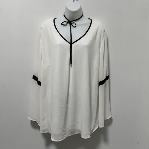 Camicetta donna Alyx cravatta davanti bianca nera orlo scollo a V spacco campana manica lunga 2X.