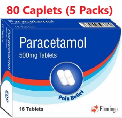 Flamingo Paracetaml 500mg Caplets (Pain Relief Tablets) - 5 Packs | 80 Caplets