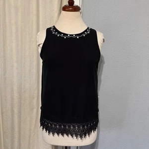 Say What Schwarz Y2K Verzierter Ausschnitt Spitzenbesatz Ärmellos Tank Gothic Top S - Bild 1 von 10