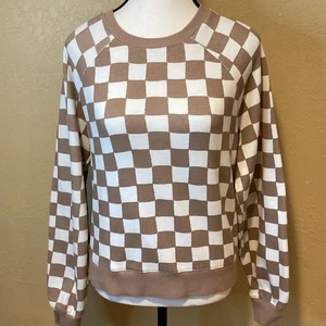Marine Layer Anytime Checkerboard Crop Crewneck Sweatshirt, Brown/Ivory, Small - Picture 1 of 6