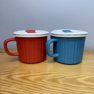 2 CorningWare Red/Orange Blue Ceramic Stoneware 20 Oz Cup Soup Mug Vented Lid - Imagen 1 de 8
