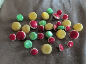 32 Vintage Green Red Yellow White Plastic Half Shank Metal Buttons Astor Dome - Picture 1 of 3