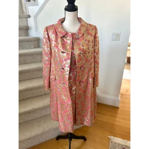 Vintage Bellciano Orange Pink Silver Metallic Floral Brocade Dress Coat 60s Set - Picture 1 of 16