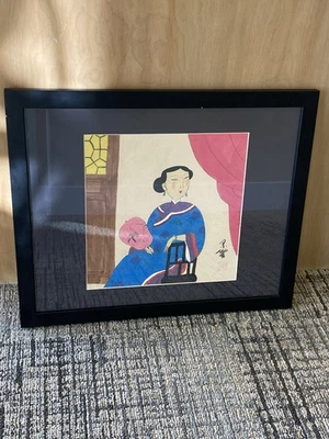 Hu Yongkai Signed Original Gouache Painting of Asian Woman Fan Chinese Artwork - Image 1 of 4