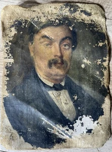 1800’s Oil On Canvas Fabric Piece Man In Suit Portrait 6 1/4” X 8 1/4” - Picture 1 of 8