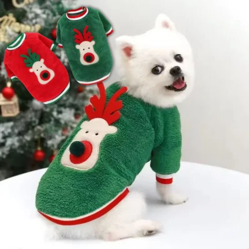 Christmas Dog Jumper Warm Fleece Winter Pet Sweater Coat Xmas Puppy Outfit - Image 1 of 4