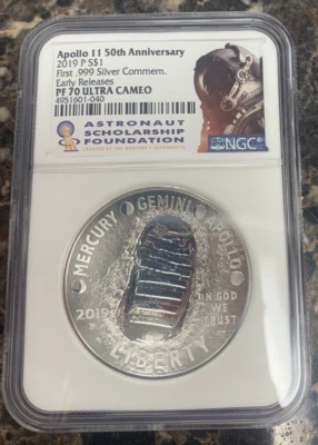 2019 P Proof Apollo 11 50th Anniv Comm Silver Dollar NGC PF 70 UCAM ER ASF Label - Image 1 of 4