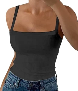 Women's Summer Tank Top Scoop Neck Sleeveless Ribbed Knit Camisole Shirts XS - Picture 1 of 8