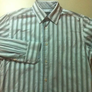 KENNETH ROBERTS Mens Dress Shirt Size Medium White Gray Blue Stripe EUC - Picture 1 of 7