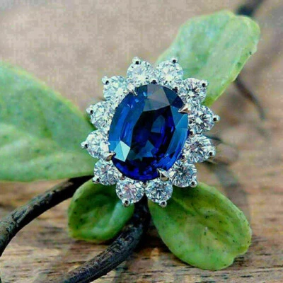 3.60Ct Lab-Created Blue Sapphire Halo Engagement Wedding Ring 14K White Gold Fn - Image 1 of 4