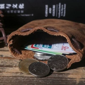Drawstring Bag Genuine Leather Wallet Coin Pouch Case Purse Men & Women NICE - Picture 1 of 17