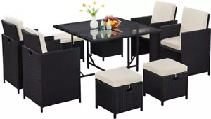9PCS Patio Rattan Dining Table Chair Set Garden Wicker 8-Seater Cube Sofa Set - Picture 1 of 12