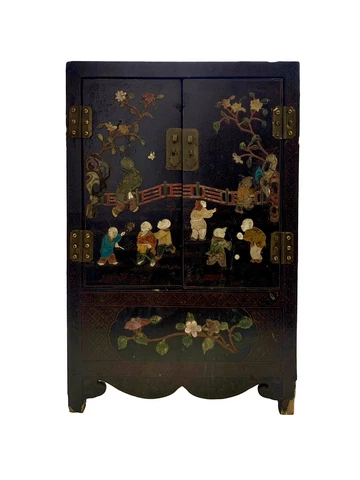 Antique lacquered Box Cabinet Chinoiserie Oriental  Collectibles Decor Cover
