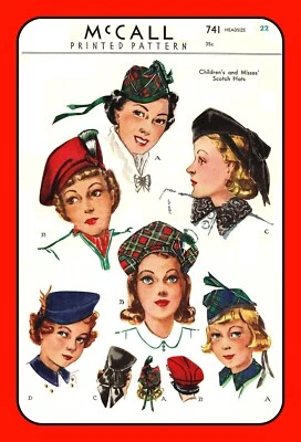 SCOTCH Beret Pattern Cap Hats Misses/Girls Fascinator McCall 741 Vtg 1939 - Image 1 of 4