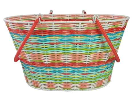 Vintage Colorful  Woven Plastic Oval Basket With Handles Beach MARKET Cover