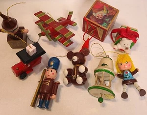 9 Vintage Wooden Christmas Ornaments Plane Train Soldier Blocks - Picture 1 of 5