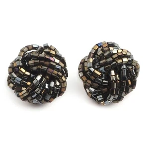 Pair Czech vintage copper peacock metallic glass seed bead cluster clip earrings - Picture 1 of 2
