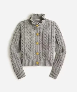 NUEVO CON ETIQUETAS J.Crew Cable Tejido Cuello Volantes Cárdigan Suéter Talla Mediana Brezo Gris Ceniza - Imagen 1 de 12