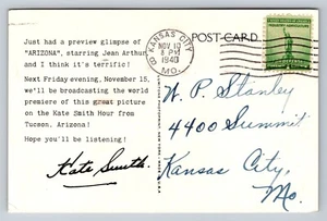 Rare Radio Kate Smith Hour 1940 Movie Promo "Arizona" Jean Arthur Typed Postcard - Picture 1 of 2