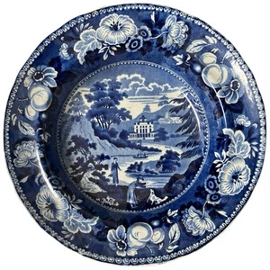 Antique Spring Hall Blue Staffordshire Transferware Soup Plate E. Hall - Picture 1 of 9