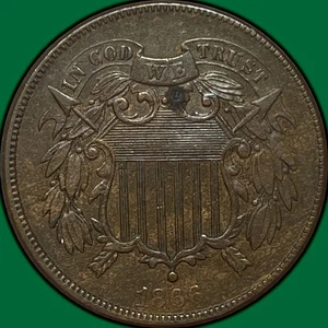 1866 Two Cent Piece Almost Uncirculated AU Coin, Tiny Corrosion Spot #29813 - Picture 1 of 3