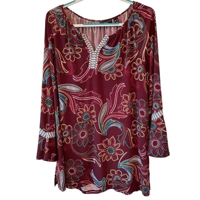Top túnica tejido líquido Susan Graver talla 3X borgoña floral manga larga campana Foto 1 de 4