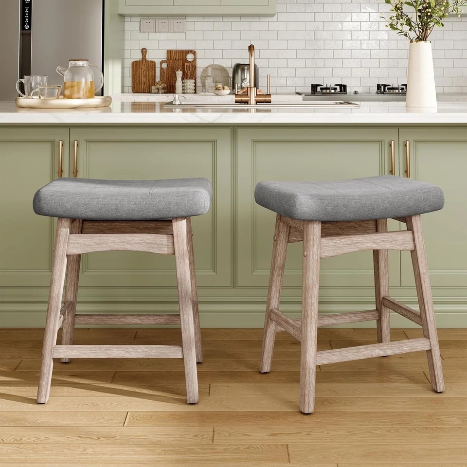 2 x Saddle Bar Stools Kitchen Counter Height Dining Pub Chairs w/ Solid Wood Leg - Image 1 of 2