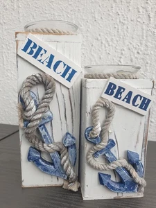 Maritimes 2er Set Teelicht/Kerzenhalter "BEACH" Holzklotz mit Zieranker + Tau - Bild 1 von 4