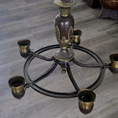 Antique Art Deco Enamel On Wrought Iron Chandelier Light Fixture Brown Gold READ - Image 1 of 4