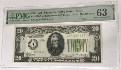 1934 $20 Federal Reserve Note Boston PMG 63 CU Uncirculated Fr#2054 Light Green - Image 1 of 2