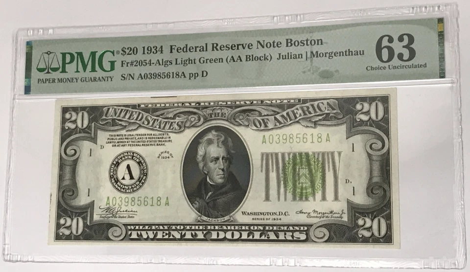 1934 $20 Federal Reserve Note Boston PMG 63 CU Uncirculated Fr#2054 Light Green - Image 1 of 2