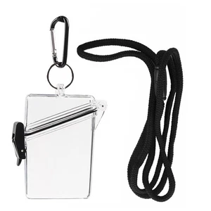 Waterproof Badge Case ID Card Clear Holder Hard Plastic Protector W/ Lanyard - Foto 1 di 16