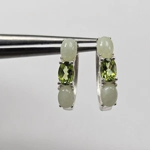 Modern Sterling Silver Peridot & Chrysoprase? Huggie Earrings 925 Signed - Picture 1 of 5