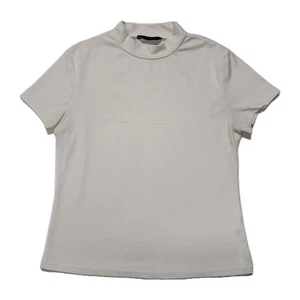 Women White Ribbed Mock Neck Top Short Sleeves Stretch Size M - Picture 1 of 9