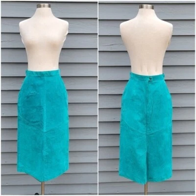 Vintage 90s y2k Teal Aqua Turquoise Blue Suede Boho Western Leather Midi Skirt - Image 1 of 4