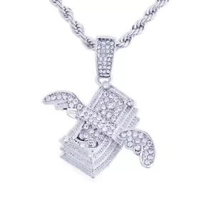 Collana catena corda 24 pollici ciondolo ala denaro placcato argento hip hop HC 1327 S - Foto 1 di 3