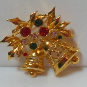 Vintage Avon Christmas Bell Brooch Gold-tone W/Rhinestones - Picture 1 of 3