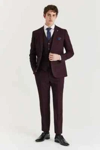 MENS PAUL ANDREW REGENT BURGUNDY TAILORED FIT 3 PIECE SUIT 36-52 WEDDING PROM - Picture 1 of 8