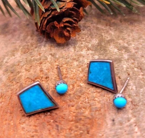 Beautiful 2 Pairs Of Nature Turquoise Diamond & Round Earstuds - Picture 1 of 10