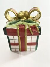 Fitz & Floyd Christmas Lidded Trinket Box Present Red Green & White Plaid Nice!!