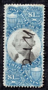 US 1862-1871 REVENUE $1.30 SCOTT #R119 NEAT PEN CANCEL CATALOG VALUE $750 - Picture 1 of 2