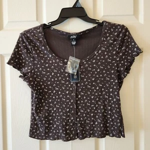 Just Polly Womens Brown Floral Button-Up Cropped Top XL 100% Cotton Short Sleeve - Picture 1 of 8