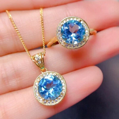2pc Jewelry Set Round Cut Sky Blue Topaz Gemstone Gold Women Necklace Rings - Image 1 of 4