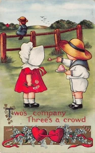 Two’s Company Three’s A Crowd Sunbonnet Girl Boy Postcard - Picture 1 of 2