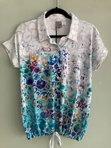 DOLCEZZA TOP UK 8/10 SMALL TIE FRONT DETAIL  MULTI BUBBLE STYLE PRINT BNWT - Picture 1 of 4