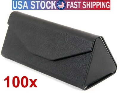 Lot 100 Triangular Foldable Magnetic PU Leather Black Case Eyeglasses Sunglasses