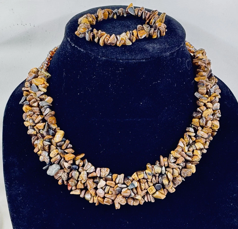 Conjunto de collar y pulsera gruesa marrón natural ojo de tigre piedra nuevo sin etiquetas Foto 1 de 3