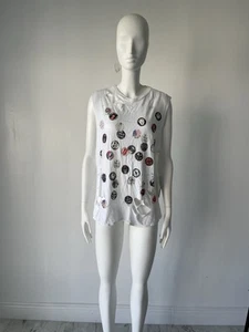 Camiseta sin mangas LAUREN MOSHI color blanco para mujer parches gráficos blancos talla L - Imagen 1 de 7