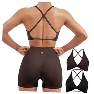 Women 2 Piece Open Back Strappy Sports Bra Pack Medium #2 Dark Brown & Black - Picture 1 of 7